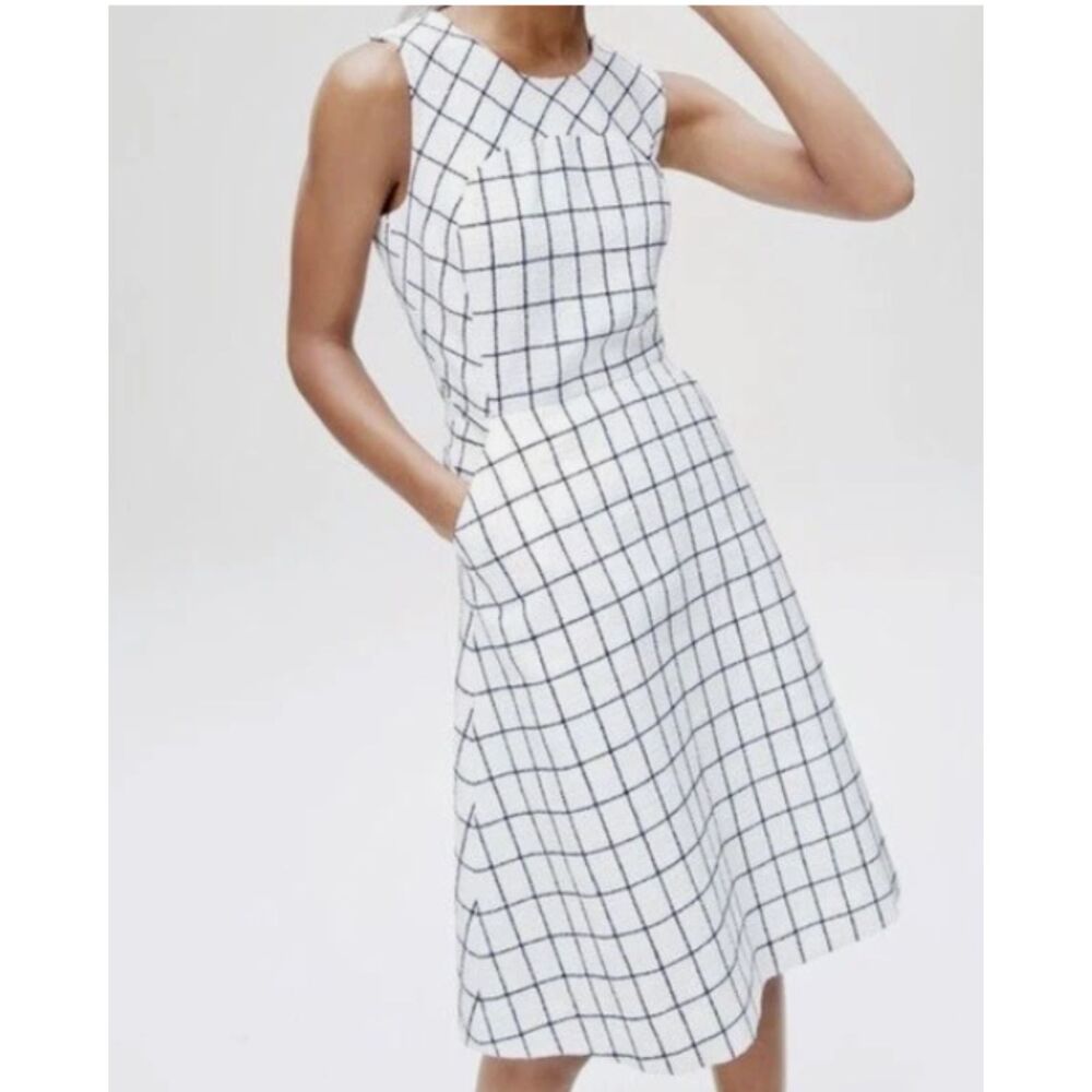 J.Crew Windowpane Tweed Dress Ivory Navy Size 6 Fit Flare